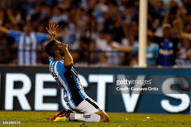 Lisandro Lopez of Racing Club celebrates after scoring the first goal of his team during a match between Racing Club and Independiente as part of...
