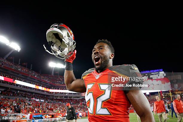 Cameron Lynch of the Tampa Bay Buccaneers celebrates after the game against the Seattle Seahawks at Raymond James Stadium on November 27, 2016 in...