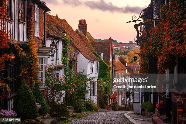 cobbled street, mermaid street, rye, east sussex, england - sussex stock pictures, royalty-free photos & images