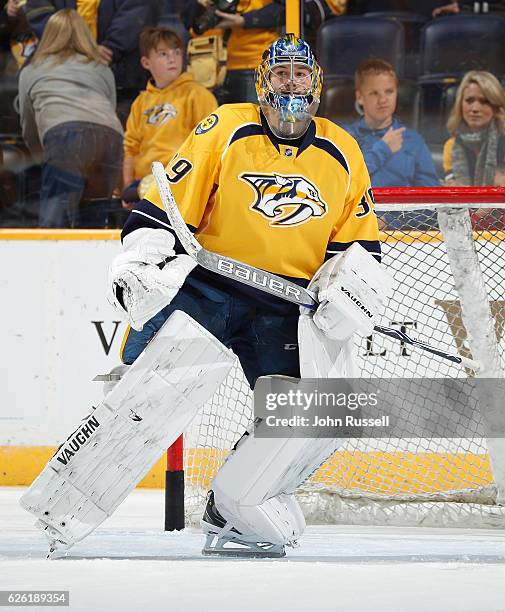 Marek Mazanec of the Nashville Predators warmups up against the Dallas Stars during an NHL game at Bridgestone Arena on November 23, 2016 in...