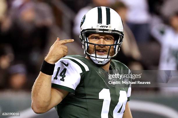 Ryan Fitzpatrick of the New York Jets reacts against the New England Patriots during the fourth quarter in the game at MetLife Stadium on November...