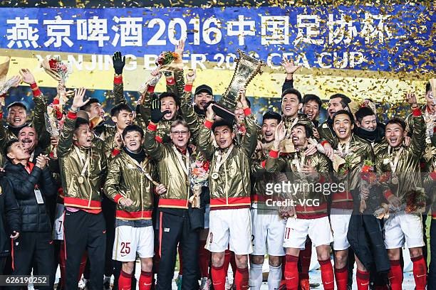 Guangzhou Evergrande Taobao Football Club celebrate after winning Jiangsu Suning Football Club during the final second leg of Yanjing Beer 2016...