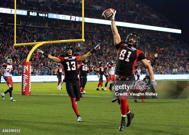 Patrick Lavoie of the Ottawa Redblacks scores a touchdown during the first half of the 104th Grey Cup Championship Game against the Calgary...