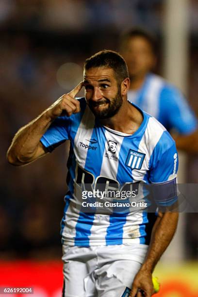 Lisandro Lopez of Racing Club celebrates after scoring the third goal of his team during a match between Racing Club and Independiente as part of...