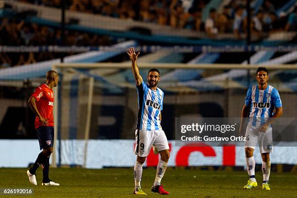 Lisandro Lopez of Racing Club celebrates after scoring the third goal of his team during a match between Racing Club and Independiente as part of...