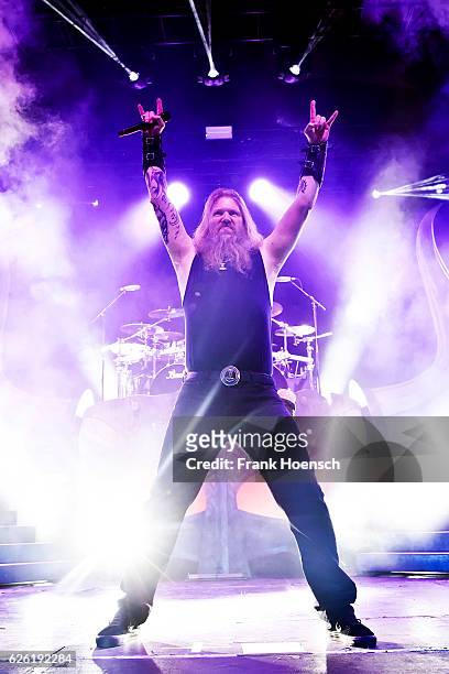 Singer Johan Hegg of the Swedish band Amon Amarth performs live during a concert at the Columbiahalle on November 27, 2016 in Berlin, Germany.