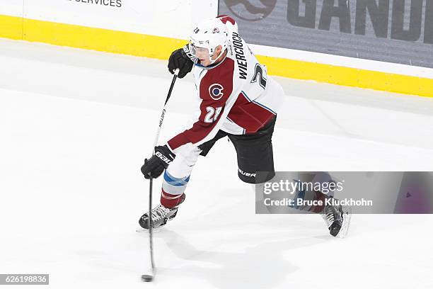 Patrick Wiercioch of the Colorado Avalanche shoots the puck against the Minnesota Wild during the game on November 19, 2016 at the Xcel Energy Center...