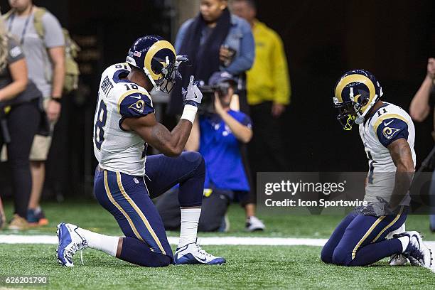 Los Angeles Rams wide receiver Kenny Britt celebrates a touchdown during an NFL game between the Los Angeles Rams and the New Orleans Saints on...