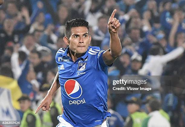 David Silva of Millonarios celebrates after scoring the second goal of his team during a match between Millonarios and Nacional as part of Liga...