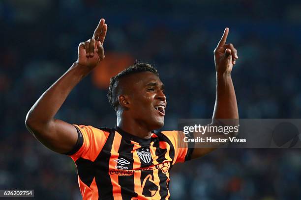 Brayan Beckles of Necaxa celebrates after the quarter finals second leg match between Pachuca and Necaxa as part of the Torneo Apertura 2016 Liga MX...