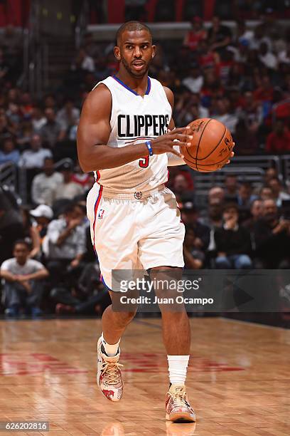 Chris Paul of the LA Clippers handles the ball against the Portland Trail Blazers on November 09, 2016 at STAPLES Center in Los Angeles, California....