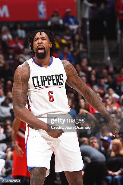 DeAndre Jordan of the LA Clippers reacts during the game against the Portland Trail Blazers on November 09, 2016 at STAPLES Center in Los Angeles,...