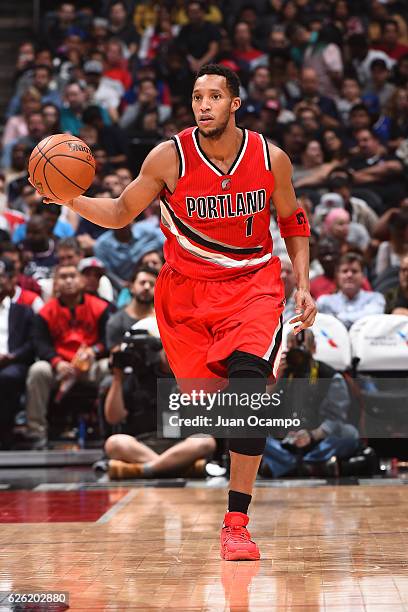 Evan Turner of the Portland Trail Blazers handles the ball against the LA Clippers on November 09, 2016 at STAPLES Center in Los Angeles, California....