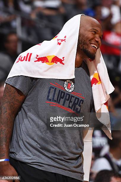 Marreese Speights of the LA Clippers wears a hoops for troops warm up honoring members of the US armed forces and their families before the game...