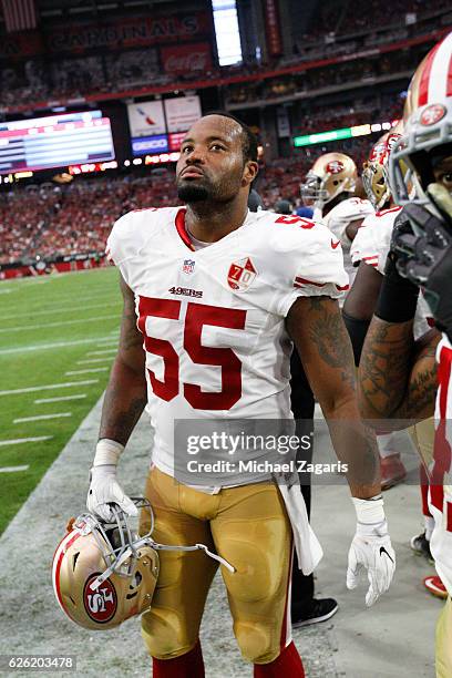 Ahmad Brooks of the San Francisco 49ers stands on the sideline during the game against the Arizona Cardinals at the University of Phoenix Stadium on...