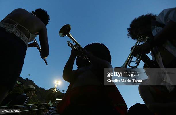 Musicians perform during the 2016 Honk! Rio Festival, a celebration of brass bands, on November 27, 2016 in Rio de Janeiro, Brazil. The four-day...