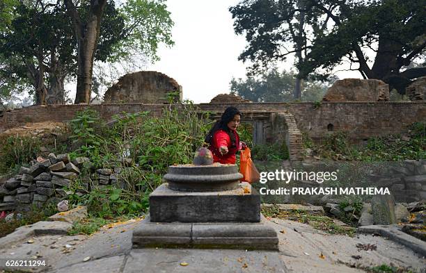 Nepalese Hindu devotee offers various plant seeds during the Balachaturdashi festival at the Pashupatinath temple in Kathmandu on November 28, 2016....