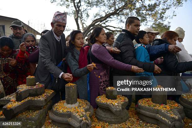 Nepalese Hindu devotees offer various plant seeds during the Balachaturdashi festival at the Pashupatinath temple in Kathmandu on November 28, 2016....