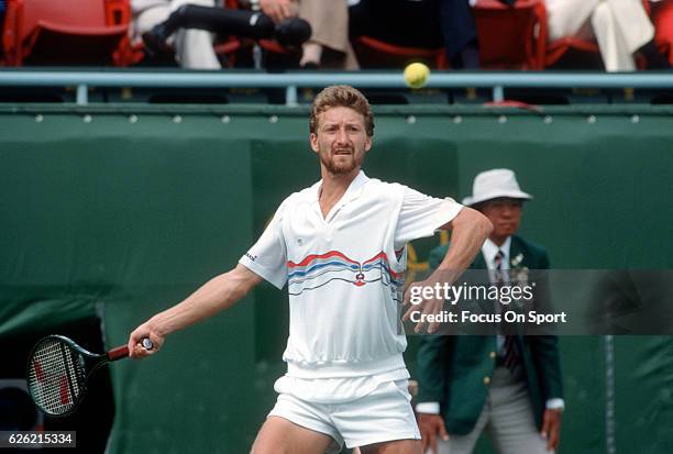 Miloslav Mecir of Czechoslovakia hits a return during a match in the Men's 1988 US Open Tennis Championships circa 1988 at the National Tennis Center...