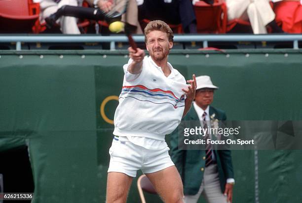 Miloslav Mecir of Czechoslovakia hits a return during a match in the Men's 1988 US Open Tennis Championships circa 1988 at the National Tennis Center...