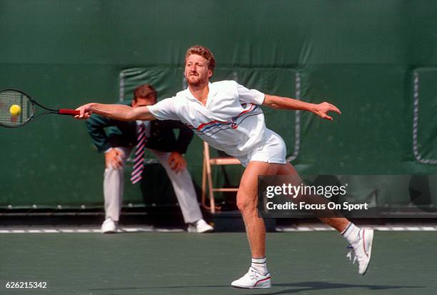 Miloslav Mecir of Czechoslovakia hits a return during a match in the Men's 1988 US Open Tennis Championships circa 1988 at the National Tennis Center...