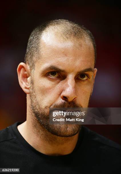 Aleks Maric of the Kings prepares before the round eight NBL match between the Sydney Kings and the Adelaide 36ers at Qudos Bank Arena on November...