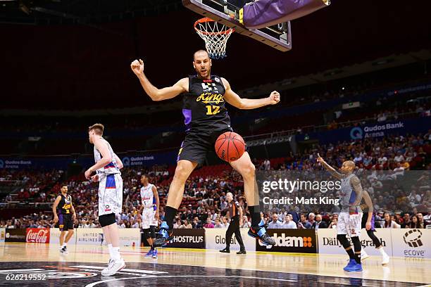 Aleks Maric of the Kings slam dunks during the round eight NBL match between the Sydney Kings and the Adelaide 36ers at Qudos Bank Arena on November...