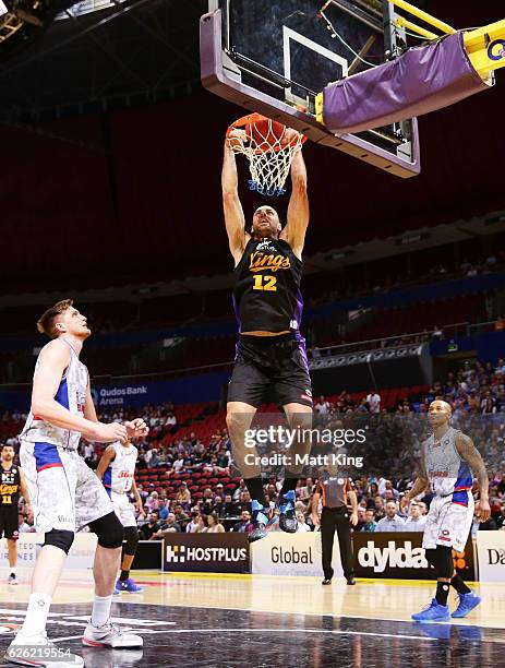 Aleks Maric of the Kings slam dunks during the round eight NBL match between the Sydney Kings and the Adelaide 36ers at Qudos Bank Arena on November...