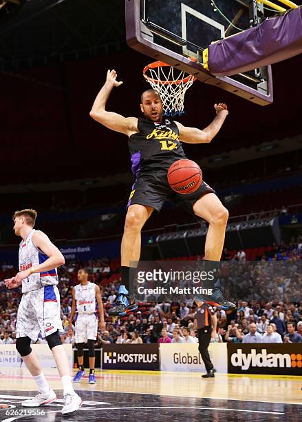Aleks Maric of the Kings slam dunks during the round eight NBL match between the Sydney Kings and the Adelaide 36ers at Qudos Bank Arena on November...