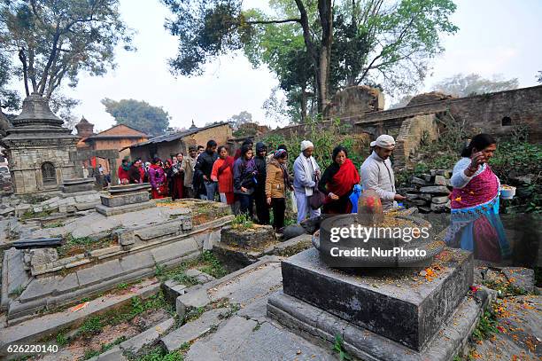 Nepalese devotees offering holy grains 'Satbij' mixed of 7 types of grain on the occasion of Bala Chaturdashi festival celebrated in the premises of...