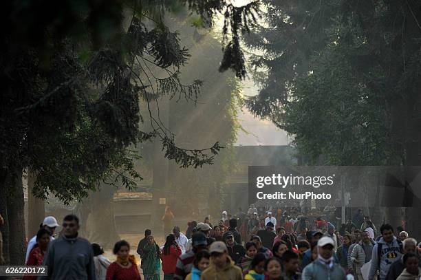 Nepalese devotees carying holy grains 'Satbij' mixed of 7 types of grain to offer on the occasion of Bala Chaturdashi festival celebrated in the...