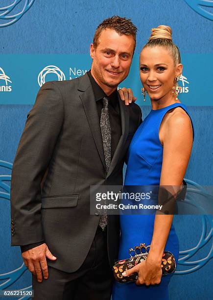 Lleyton Hewitt and Bec Hewitt pose as they arrive ahead of the 2016 Newcombe Medal at Crown Palladium on November 28, 2016 in Melbourne, Australia.