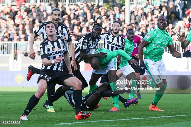 Nicolas Pepe of Angers and Bryan Dabo of Saint-Etienne during the French Ligue 1 match between Angers and Saint Etienne on November 27, 2016 in...
