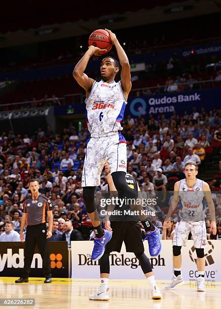 Terrance Ferguson of the 36ers shoots during the round eight NBL match between the Sydney Kings and the Adelaide 36ers at Qudos Bank Arena on...