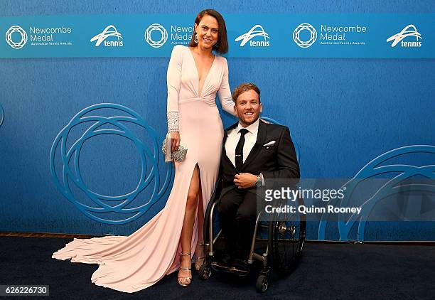 Dylan Alcott and girlfriend Kate Lawrance pose as they arrive ahead of the 2016 Newcombe Medal at Crown Palladium on November 28, 2016 in Melbourne,...
