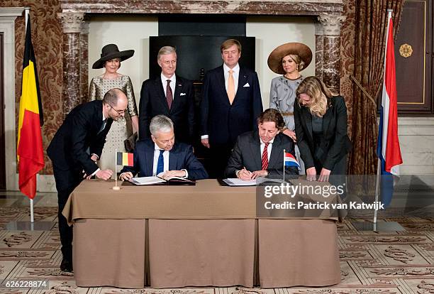 King Philippe and Queen Mathilde of Belgium and King Willem-Alexander and Queen Maxima of The Netherlands attend the signing of the treaty Boundary...