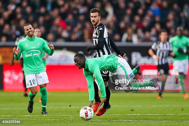 Henri Saivet of Saint-Etienne and Pablo Martinez of Angers during the French Ligue 1 match between Angers and Saint Etienne on November 27, 2016 in...