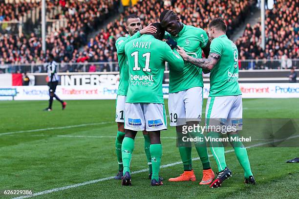 Florentin Pogba of Saint-Etienne jubilates with teammates after scoring the 1-1 draw during the French Ligue 1 match between Angers and Saint Etienne...