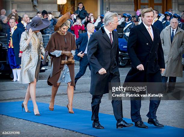 King Willem-Alexander and Queen Maxima of the Netherlands welcome King Philippe and Queen Mathilde during an official welcome ceremony at the Dam...