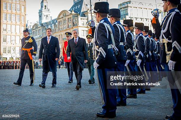King Willem-Alexander and Queen Maxima of the Netherlands welcome King Philippe and Queen Mathilde during an official welcome ceremony at the Dam...
