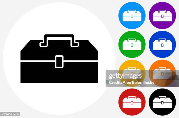 ilustraciones, imágenes clip art, dibujos animados e iconos de stock de icono de cuadro de herramientas en botones de círculo de color plano - caja de herramientas