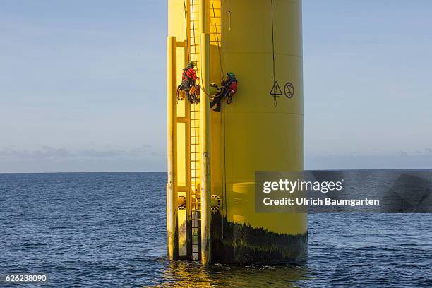 Wind turbines in the offshore wind farm Amrumbank West of the E.ON SE. Technicians during maintenance work on a wind turbine.