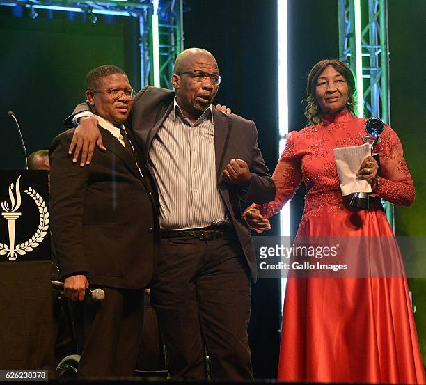 Fikile Mbalula and boxing promoter; Mzimasi Mnguni during the SA Sports Awards on November 27, 2016 in Bloemfontein, South Africa. The 2016 SA Sport...
