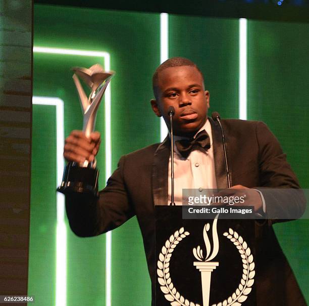 Ntando Mahlangu receives his award during the SA Sports Awards on November 27, 2016 in Bloemfontein, South Africa. The 2016 SA Sport Awards recognise...