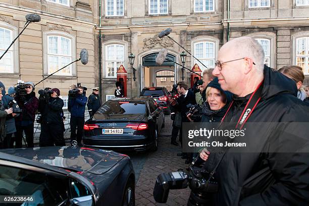 Ministers in the new Danish coalition government arrive to the Royal Palace, Amalienborg, for their presentation to the Queen on November 28, 2016 in...