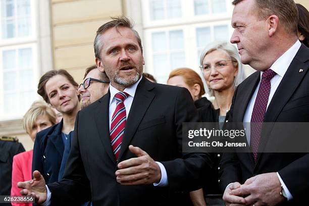 Liberal alliance chair Anders Smuelsen speaks during Prime Minister Lars Lokke Rasmussen with his new team of ministers meets the press outside...