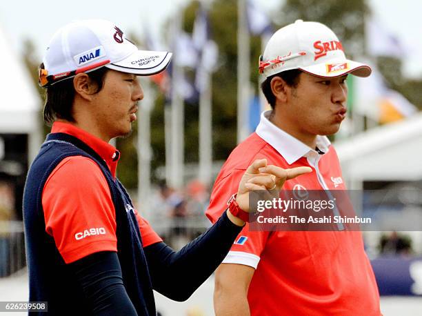 Hideki Matsuyama and Ryo Ishikawa of Japan look on during day four of the World Cup of Golf at Kingston Heath Golf Club on November 27, 2016 in...