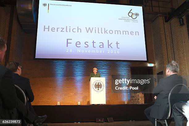 German Chancellor Angela Merkel attends the 60th anniversary of the BND ceremony at the substation on November 28, 2016 in Berlin, Germany. Bruno...