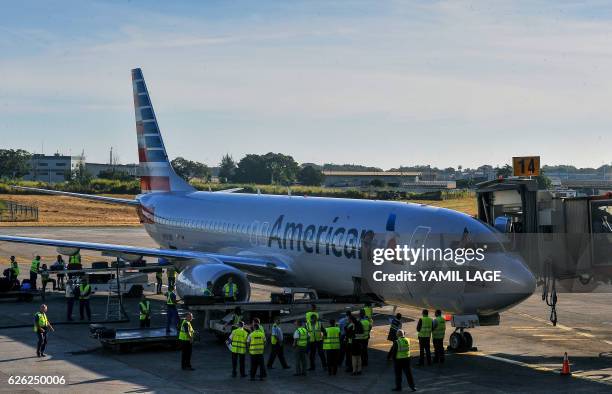 An American Airlines plane arrives at Jose Marti International Airport becoming the first Miami-Havana commercial flight in 50 years, coinciding with...