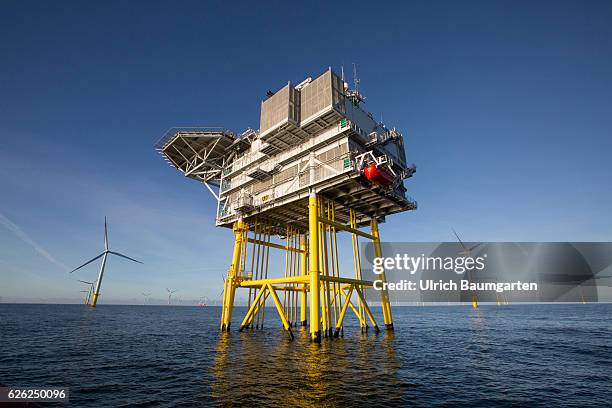 Wind turbines and a substation in the offshore wind farm Amrumbank West of the E.ON SE.